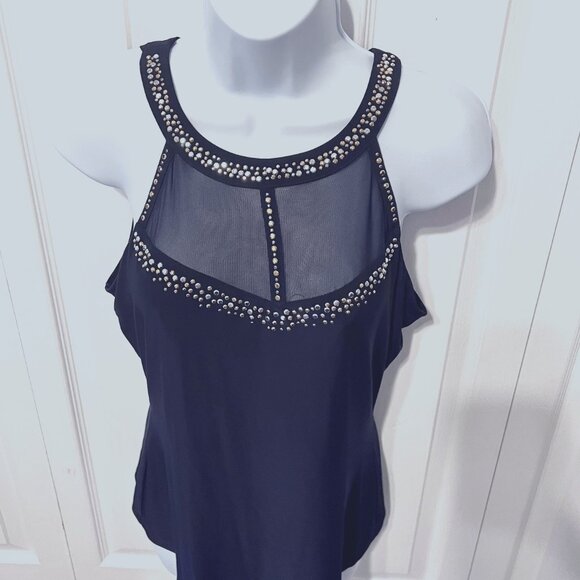 Cache-NWT-Navy Mesh/Gold/Silver Beaded Sleeveless Top-Sz. Medium-Fancy-Built Bra - Picture 2 of 13